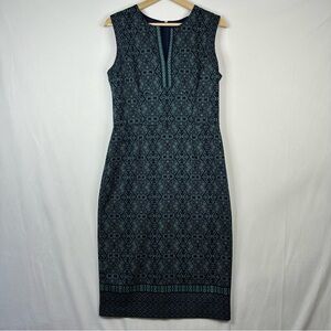 Adorne Tatum Dress 10 Navy Green Print Scuba Knit Pencil Straight Sleeveless